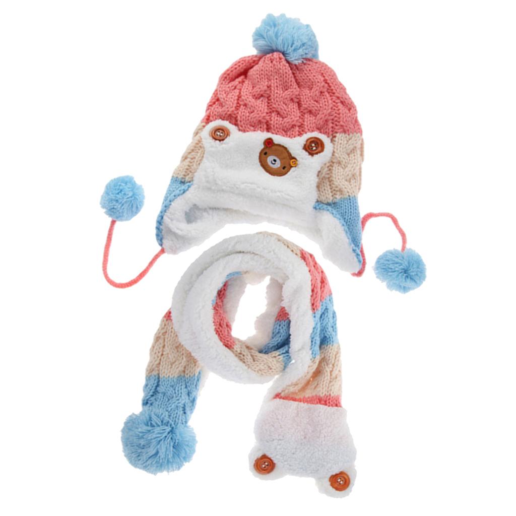 Kids Baby Winter Beanie Warm Hat Hooded Scarf Earflap Knitted Cap Pink