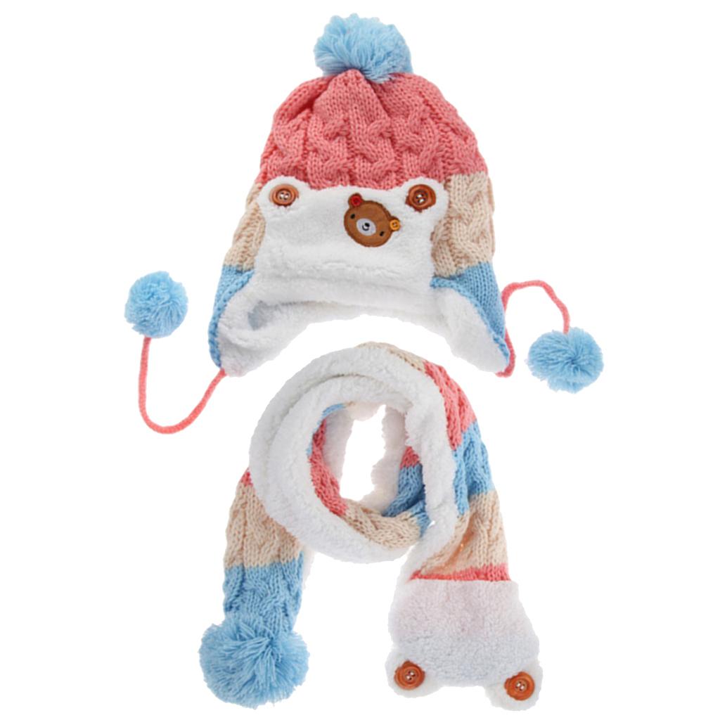 Kids Baby Winter Beanie Warm Hat Hooded Scarf Earflap Knitted Cap Pink