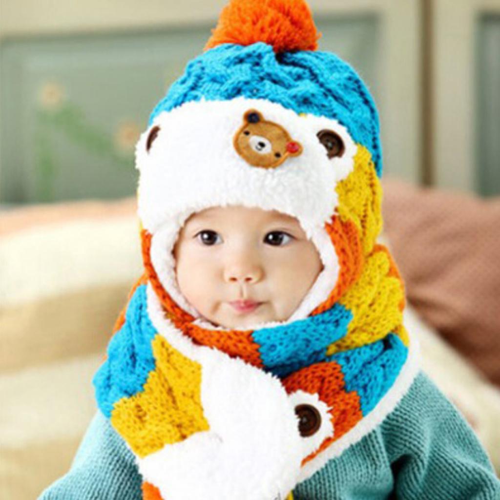 Kids Baby Winter Beanie Warm Hat Hooded Scarf Earflap Knitted Cap Blue