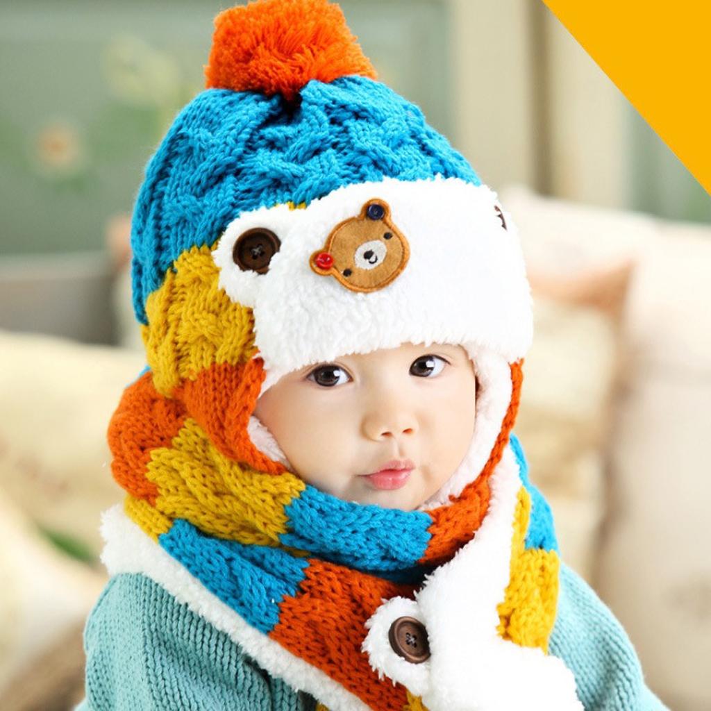 Kids Baby Winter Beanie Warm Hat Hooded Scarf Earflap Knitted Cap Blue