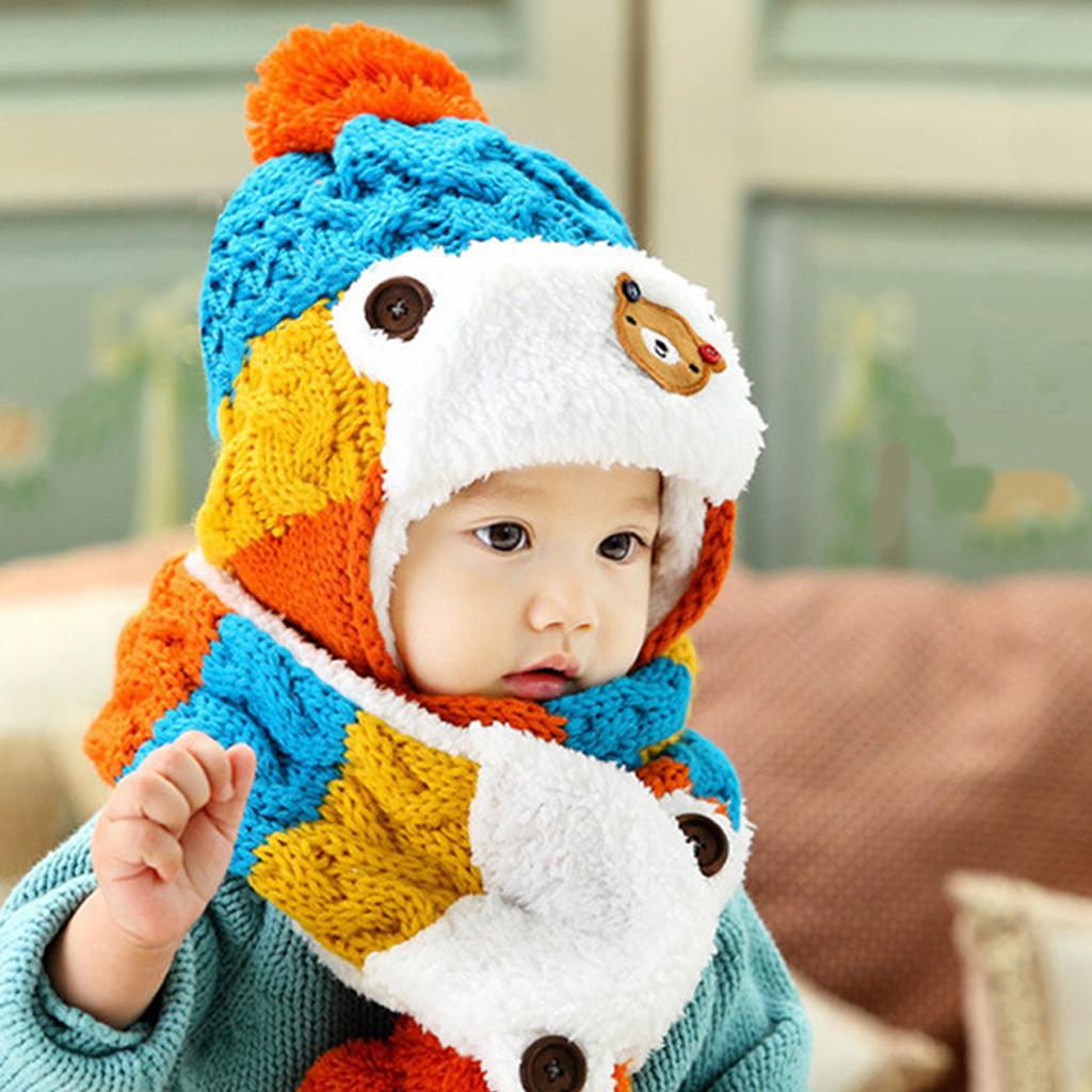 Kids Baby Winter Beanie Warm Hat Hooded Scarf Earflap Knitted Cap Blue