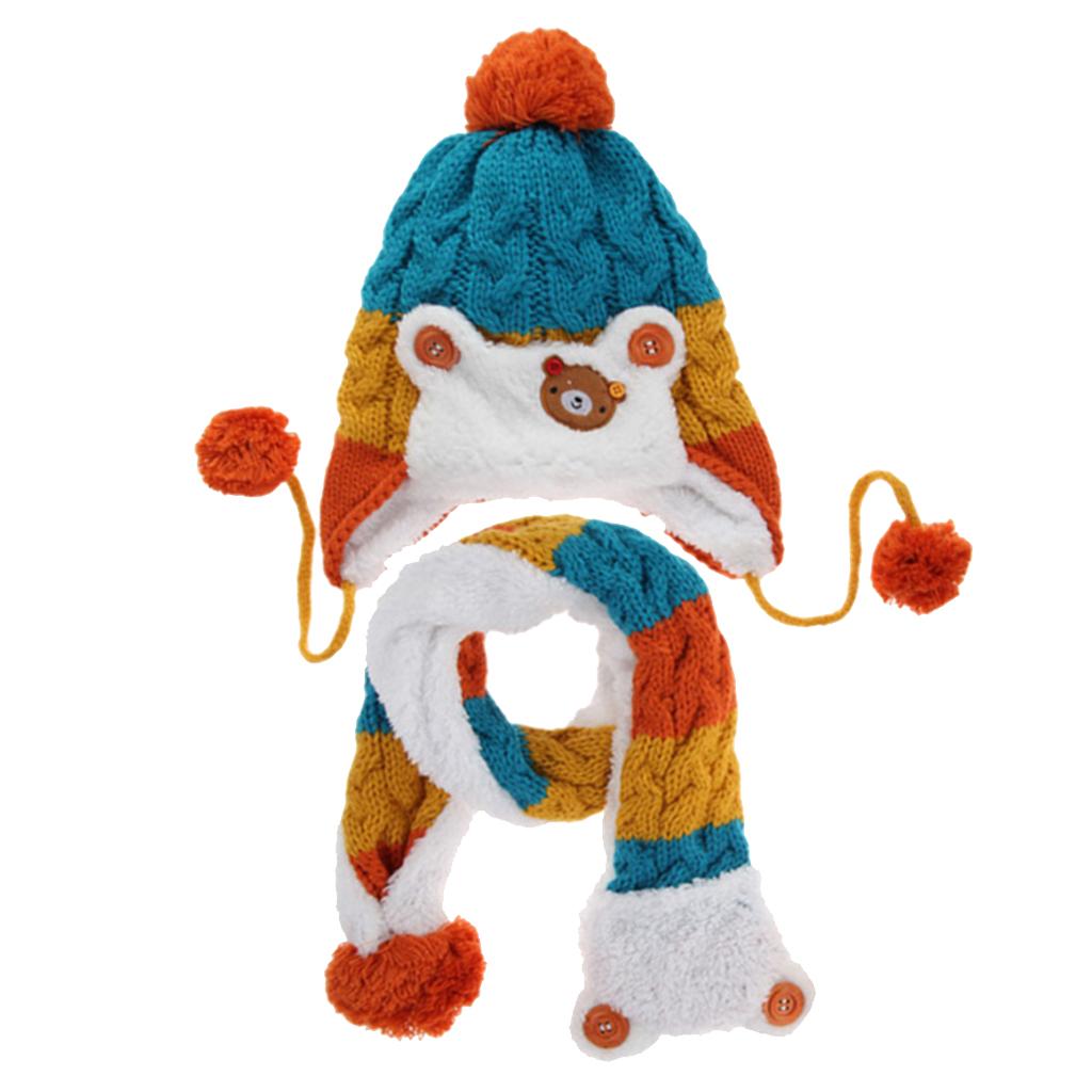 Kids Baby Winter Beanie Warm Hat Hooded Scarf Earflap Knitted Cap Blue