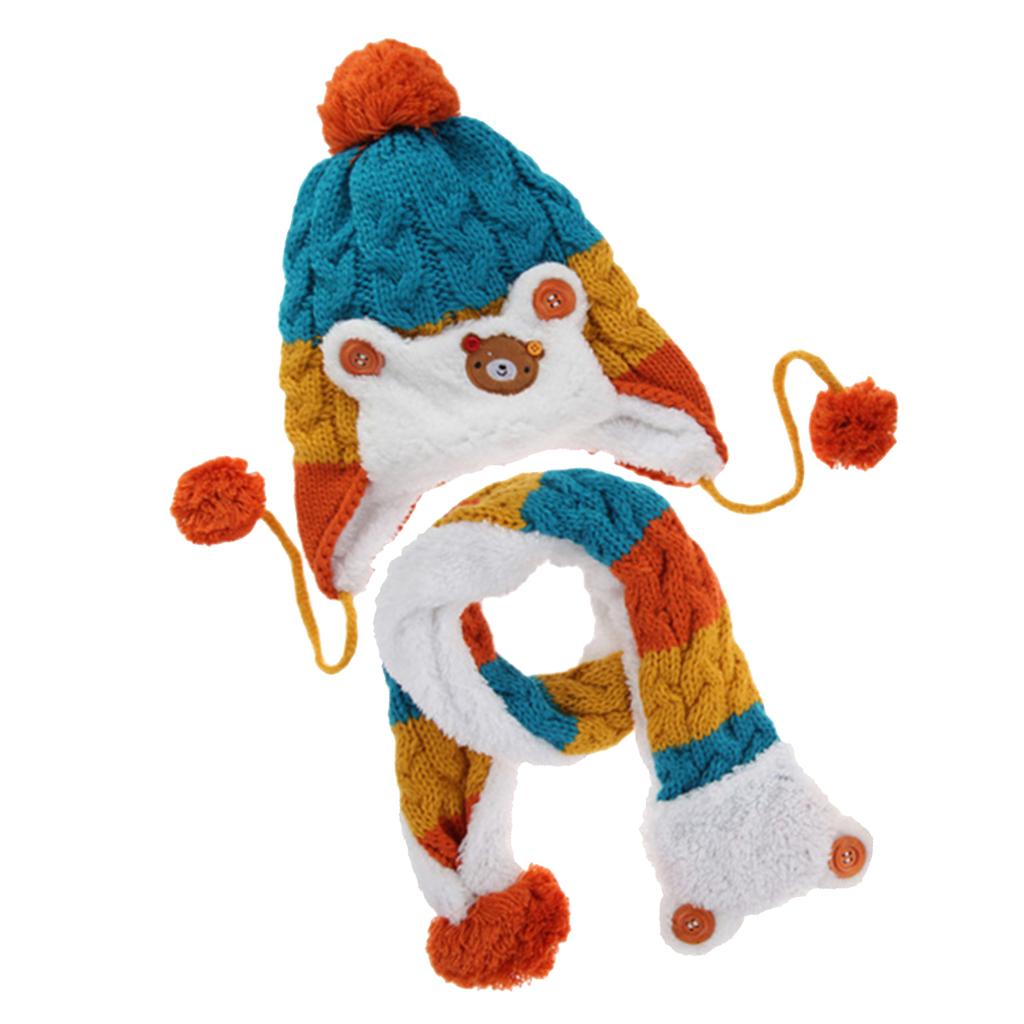 Kids Baby Winter Beanie Warm Hat Hooded Scarf Earflap Knitted Cap Blue