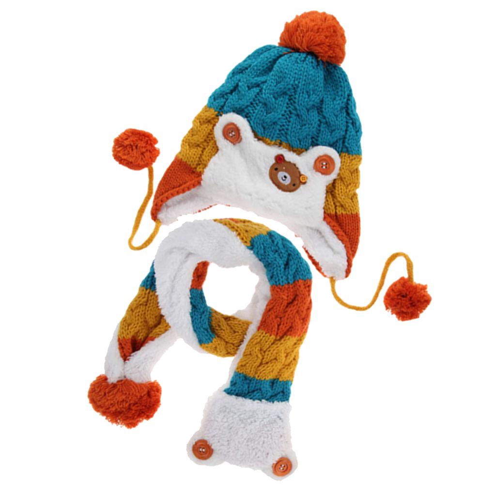 Kids Baby Winter Beanie Warm Hat Hooded Scarf Earflap Knitted Cap Blue