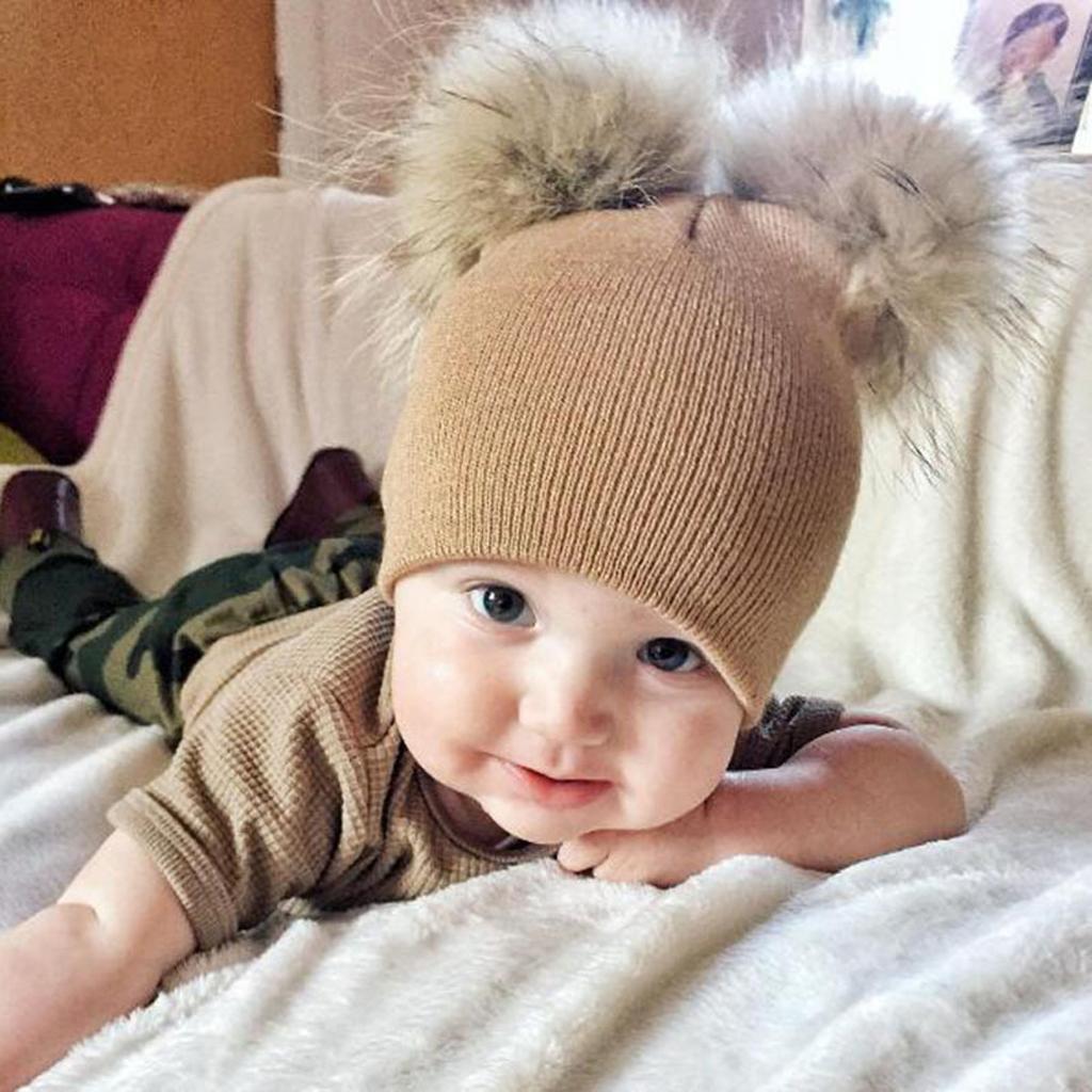 Baby Beanie Hat Cap Winter Warm Double Pom Bobble Knit Ski Khaki for Baby