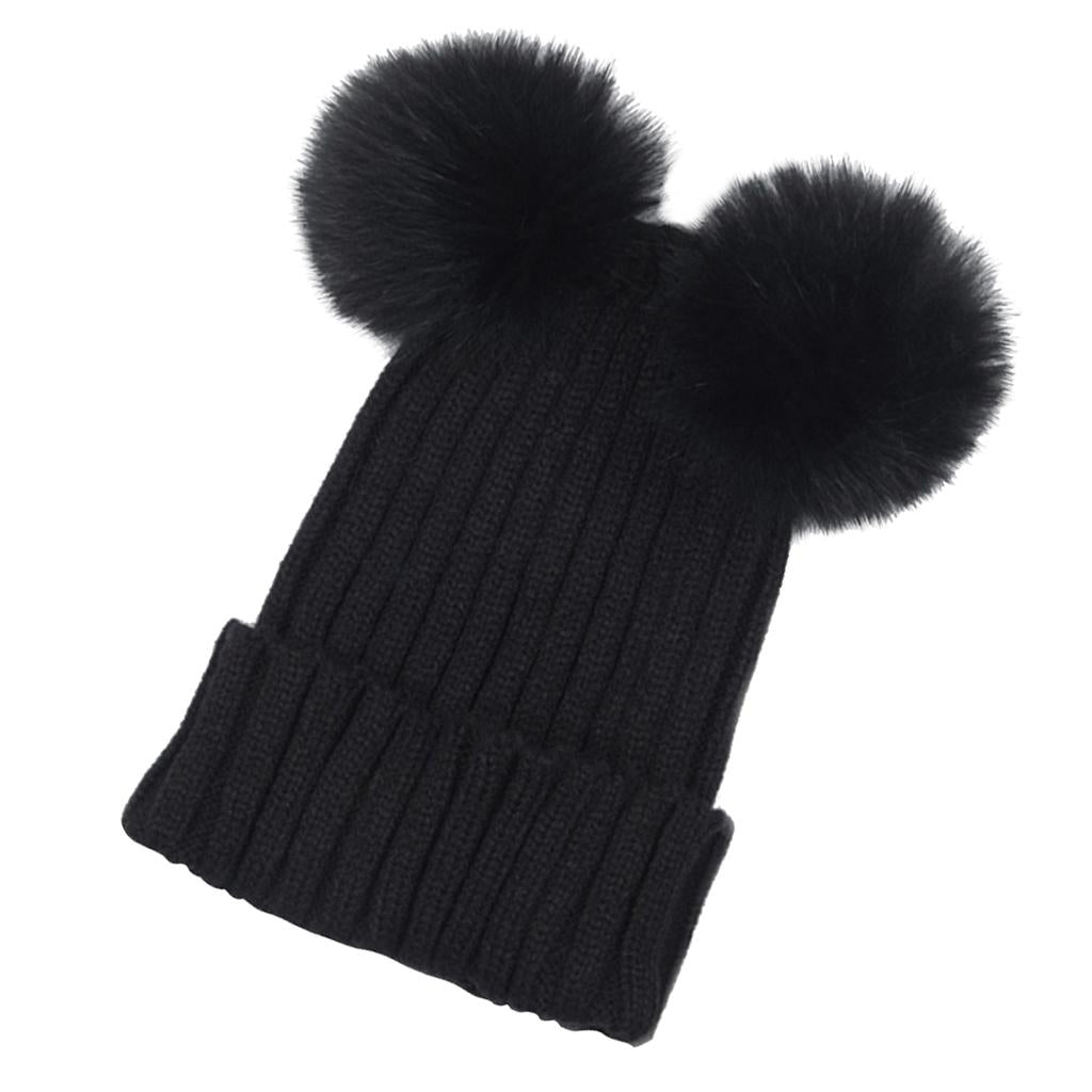 Baby Beanie Hat Cap Winter Warm Double Pom Bobble Knit Ski Black for Mother