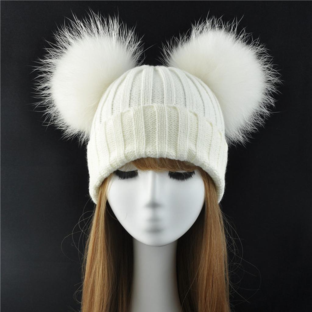 Baby Beanie Hat Cap Winter Warm Double Pom Bobble Knit Ski White for Mother