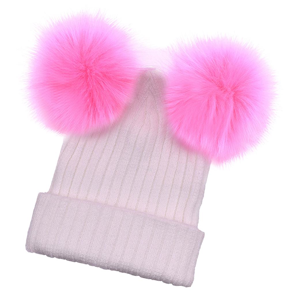 Baby Beanie Hat Cap Winter Warm Double Pom Bobble Knit Ski White+Pink for Mother