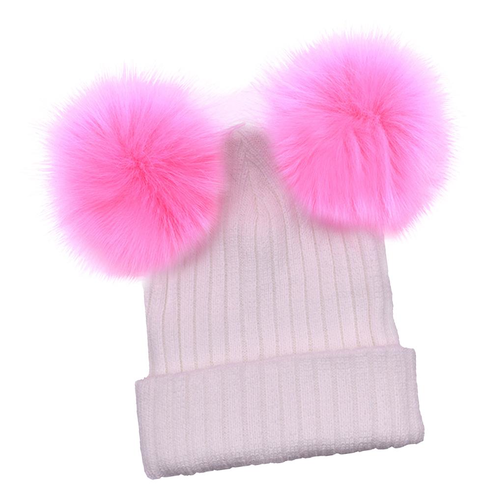 Baby Beanie Hat Cap Winter Warm Double Pom Bobble Knit Ski White+Pink for Mother