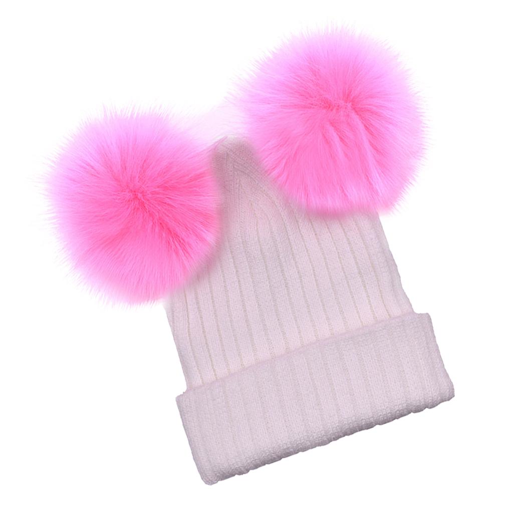 Baby Beanie Hat Cap Winter Warm Double Pom Bobble Knit Ski White+Pink for Mother