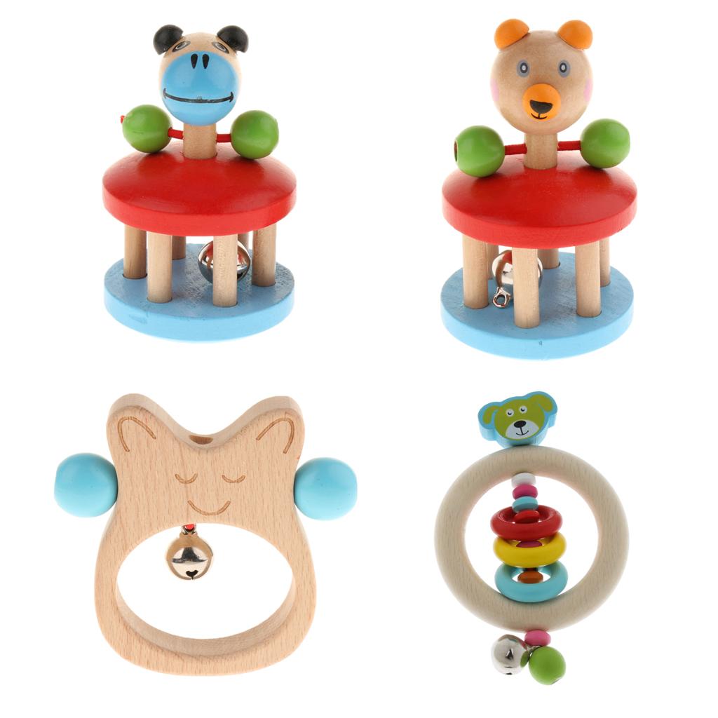 Wooden Baby Rattle Bell Montessori Development Sensory Toys Rattle Rings