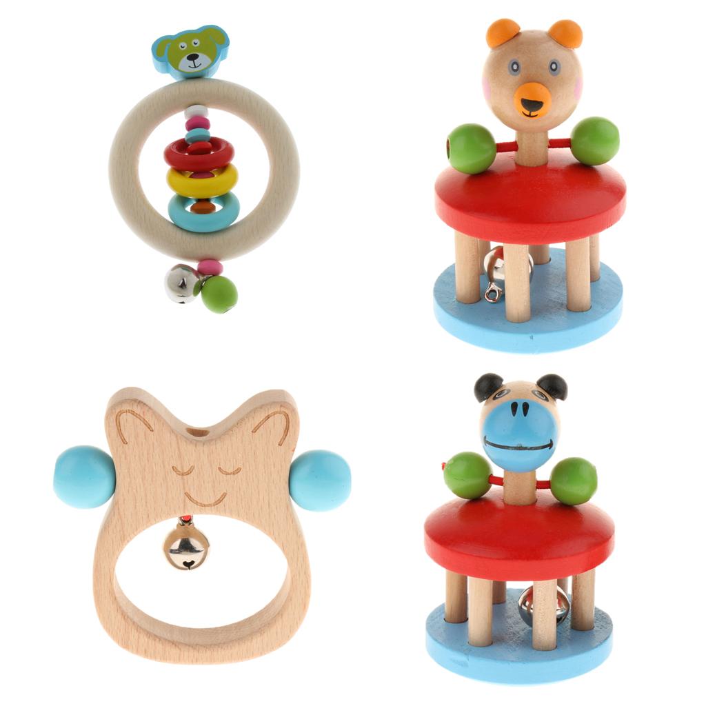 Wooden Baby Rattle Bell Montessori Development Sensory Toys Rattle Rings