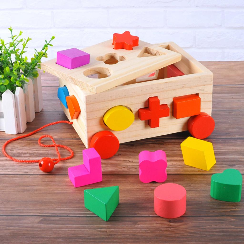 Wooden Geometric Building Blocks Car Developmental Toy Plugging and Stacking