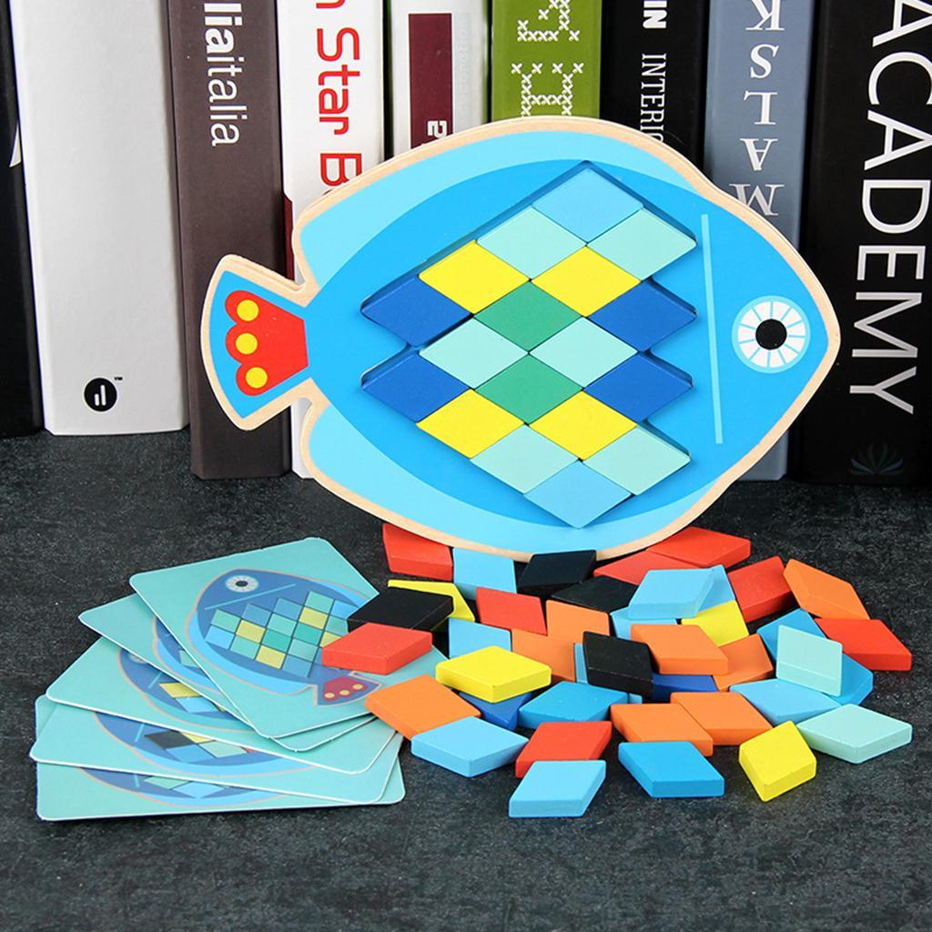 Wood Animal Jigsaw Puzzle Board Geometric Building Block Toy Educational Fish