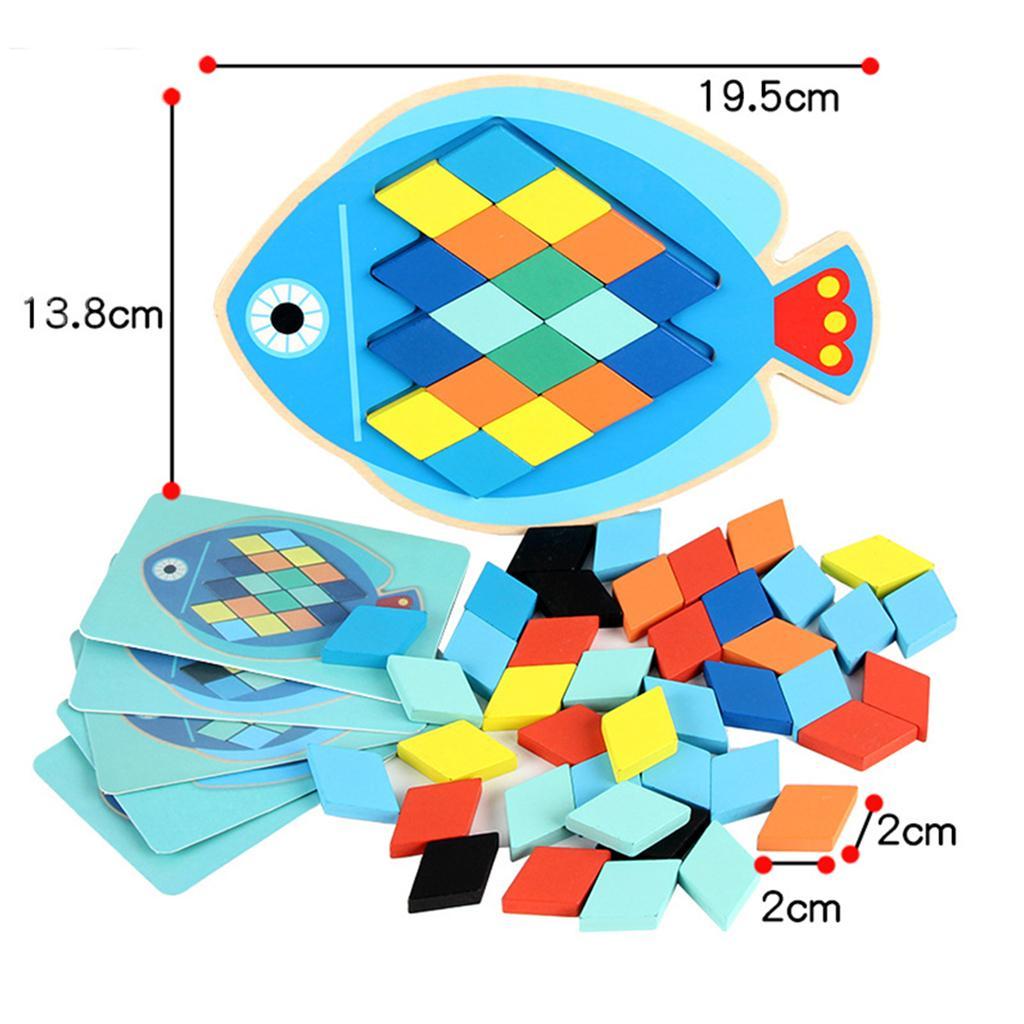 Wood Animal Jigsaw Puzzle Board Geometric Building Block Toy Educational Fish