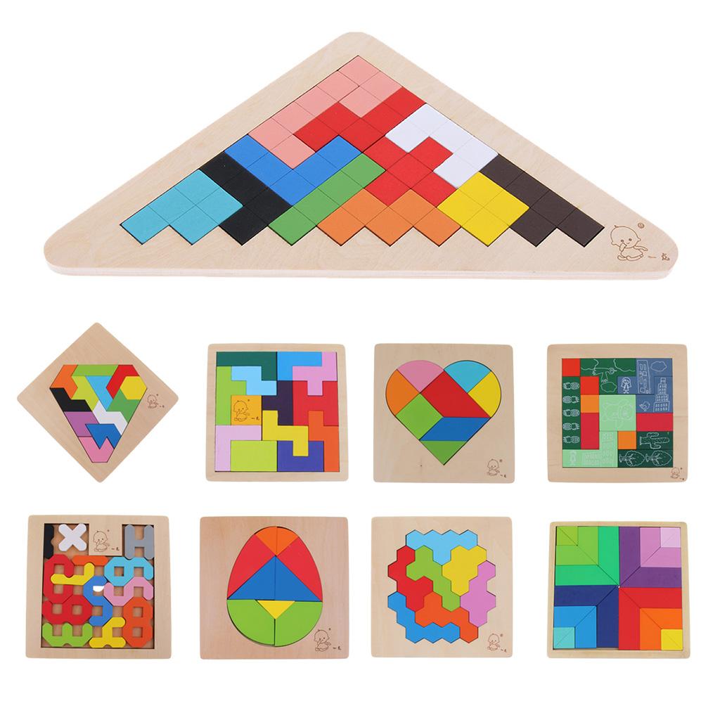 Wooden Tetris Puzzle Jigsaw Brain Teaser Game Kids Intelligence Toy Triangle