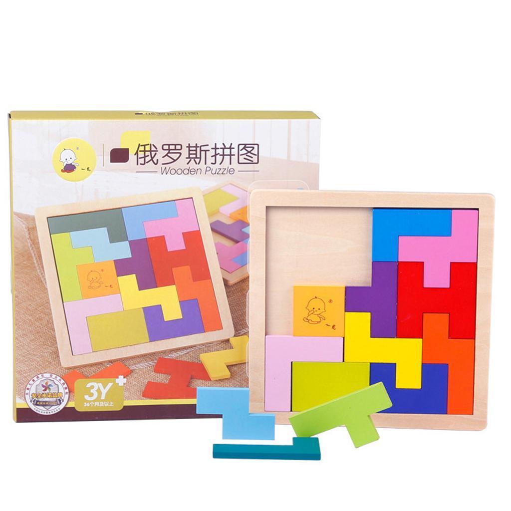 Wooden Tetris Puzzle Jigsaw Brain Teaser Game Kids Intelligence Toy Tangram