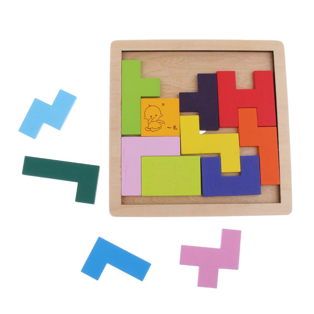 Wooden Tetris Puzzle Jigsaw Brain Teaser Game Kids Intelligence Toy Tangram