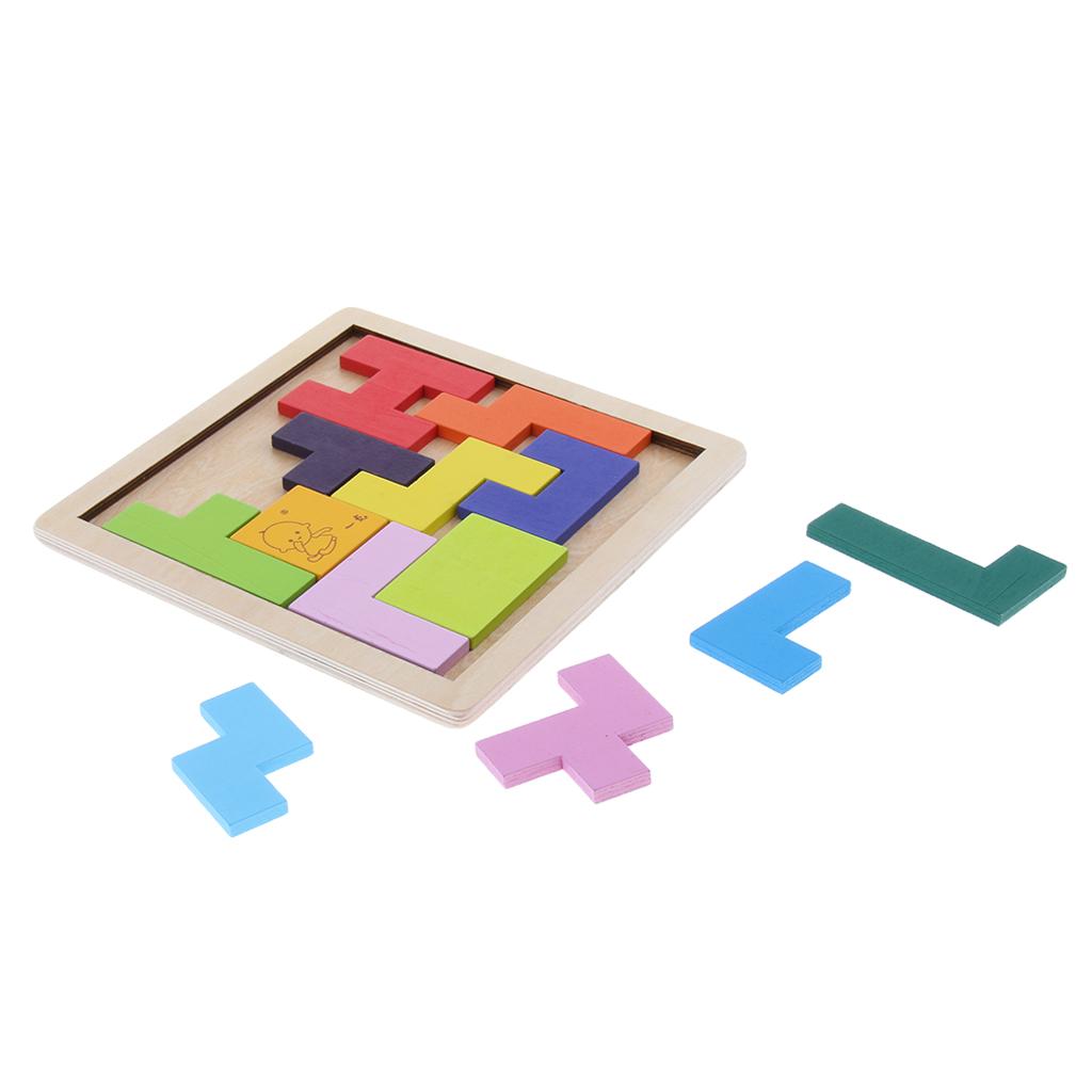 Wooden Tetris Puzzle Jigsaw Brain Teaser Game Kids Intelligence Toy Tangram