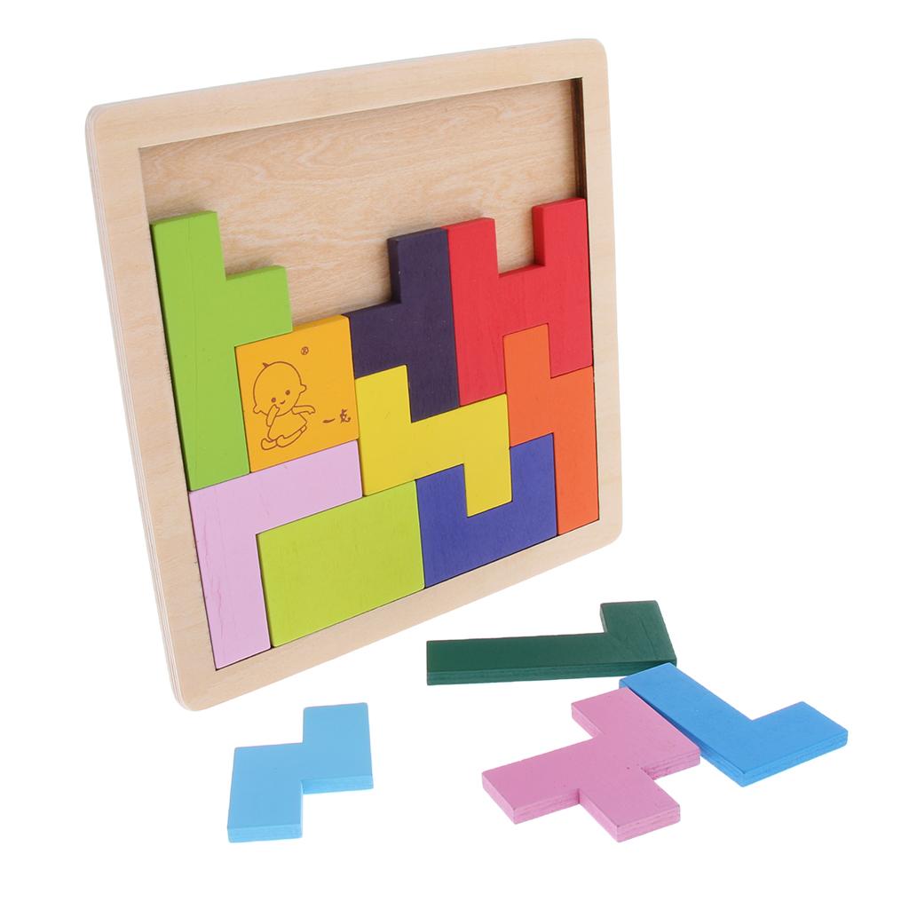 Wooden Tetris Puzzle Jigsaw Brain Teaser Game Kids Intelligence Toy Tangram