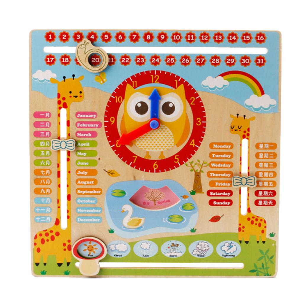 Wooden Multi-function Calendar Clock Blocks Kid Early Learning Cognition Toy