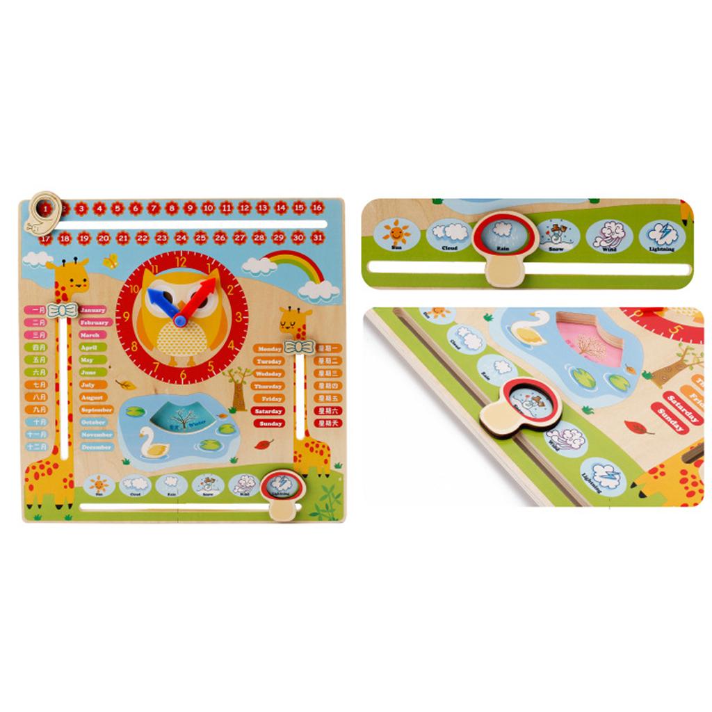 Wooden Multi-function Calendar Clock Blocks Kid Early Learning Cognition Toy