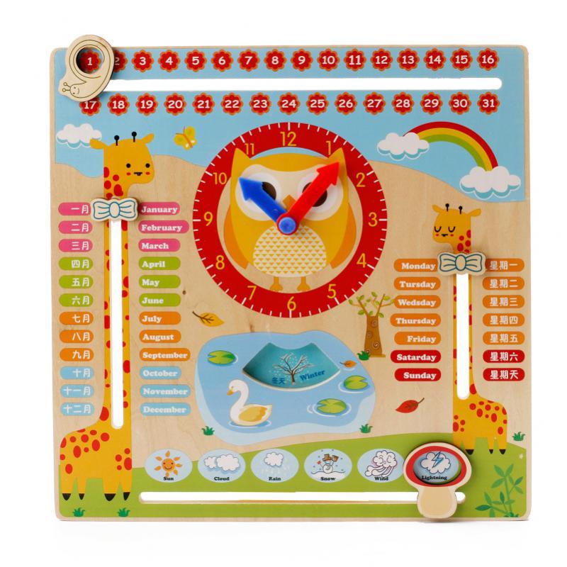 Wooden Multi-function Calendar Clock Blocks Kid Early Learning Cognition Toy