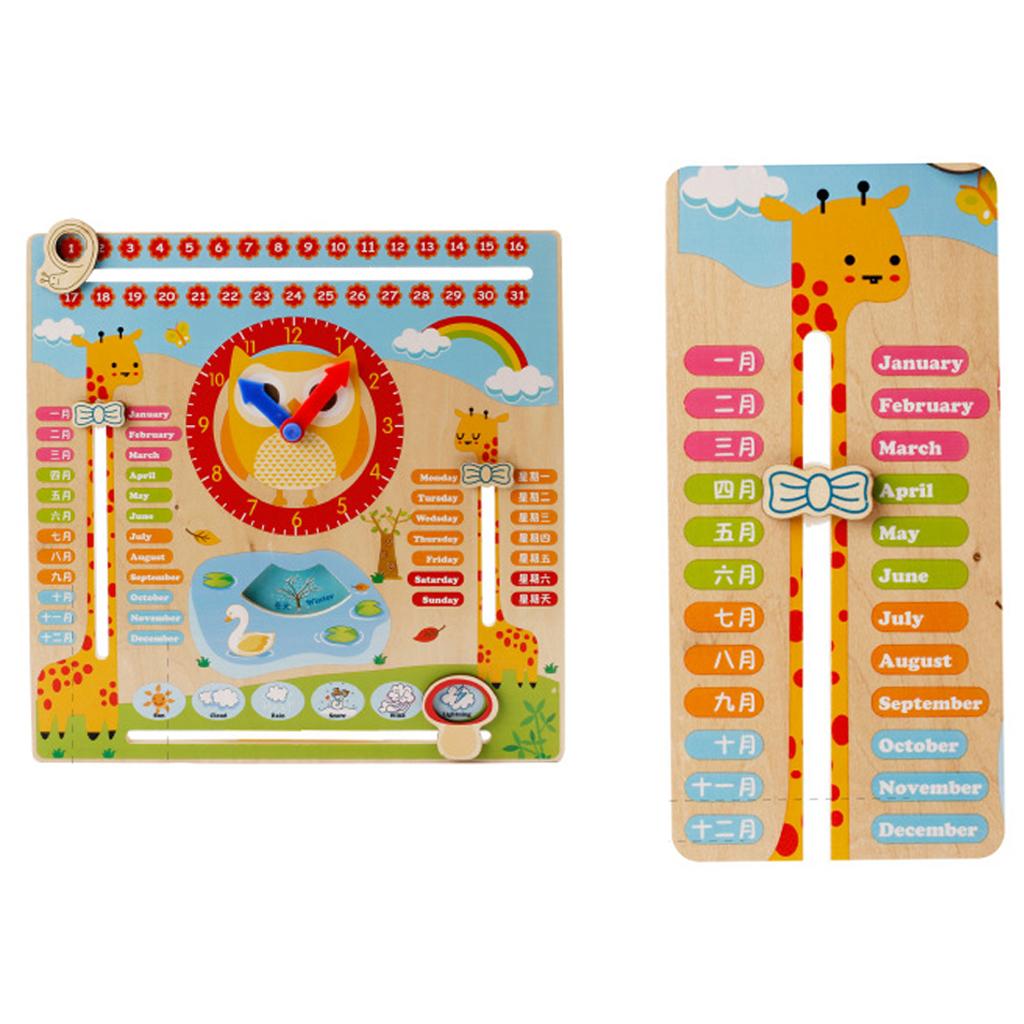 Wooden Multi-function Calendar Clock Blocks Kid Early Learning Cognition Toy