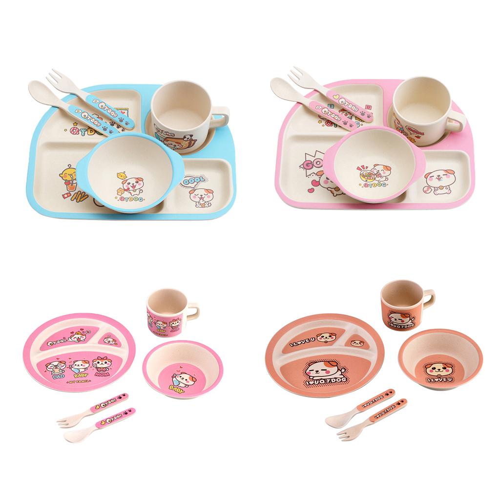 Bamboo 5-piece Dinnerware Set Baby Divided Plate, Bowl and Flatware Pink A