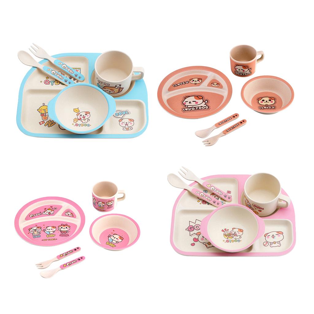 Bamboo 5-piece Dinnerware Set Baby Divided Plate, Bowl and Flatware Pink A