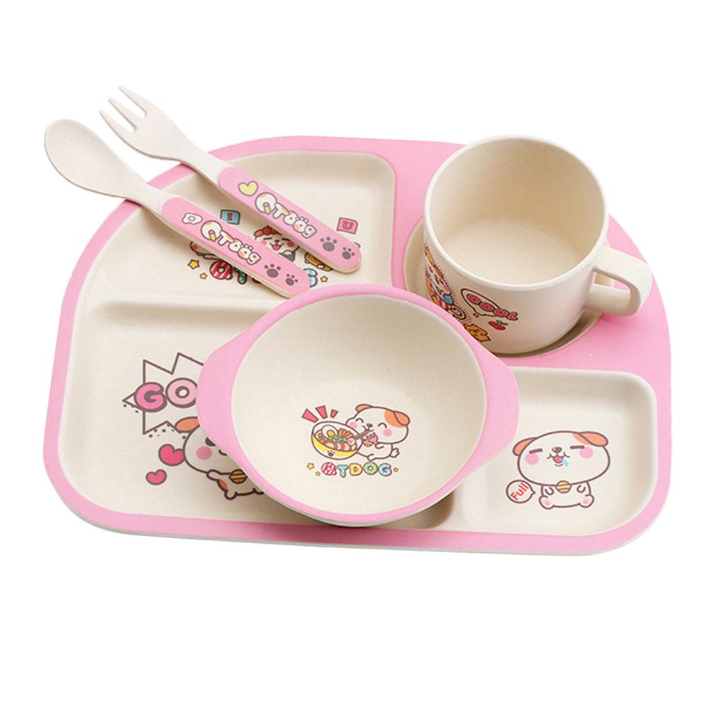 Bamboo 5-piece Dinnerware Set Baby Divided Plate, Bowl and Flatware Pink A