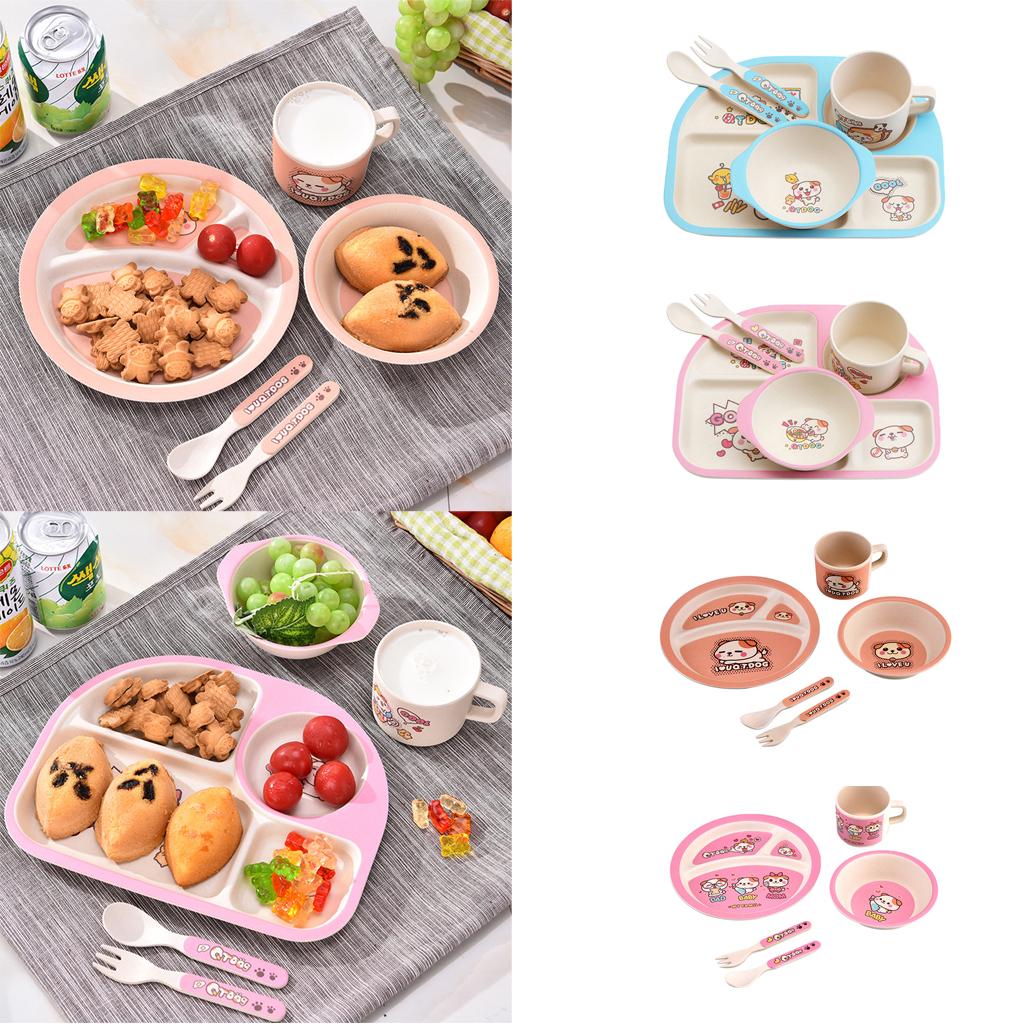 Bamboo 5-piece Dinnerware Set Baby Divided Plate, Bowl and Flatware Pink A