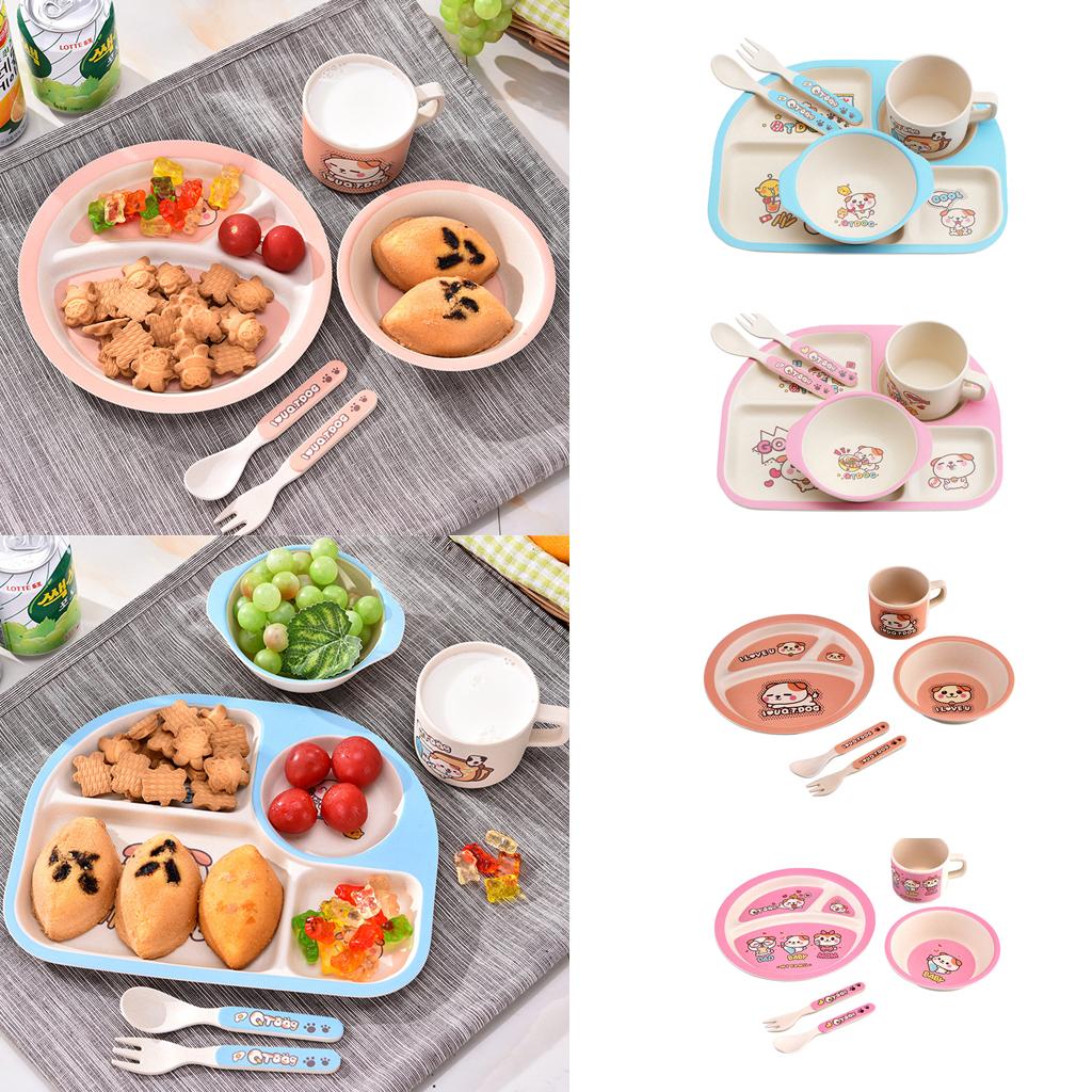 Bamboo 5-piece Dinnerware Set Baby Divided Plate, Bowl and Flatware Pink A