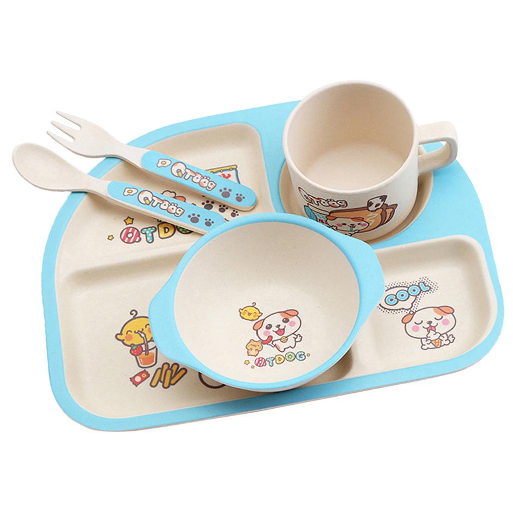 Bamboo 5-piece Dinnerware Set Baby Divided Plate, Bowl and Flatware Blue A