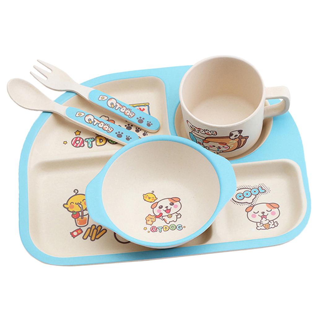 Bamboo 5-piece Dinnerware Set Baby Divided Plate, Bowl and Flatware Blue A