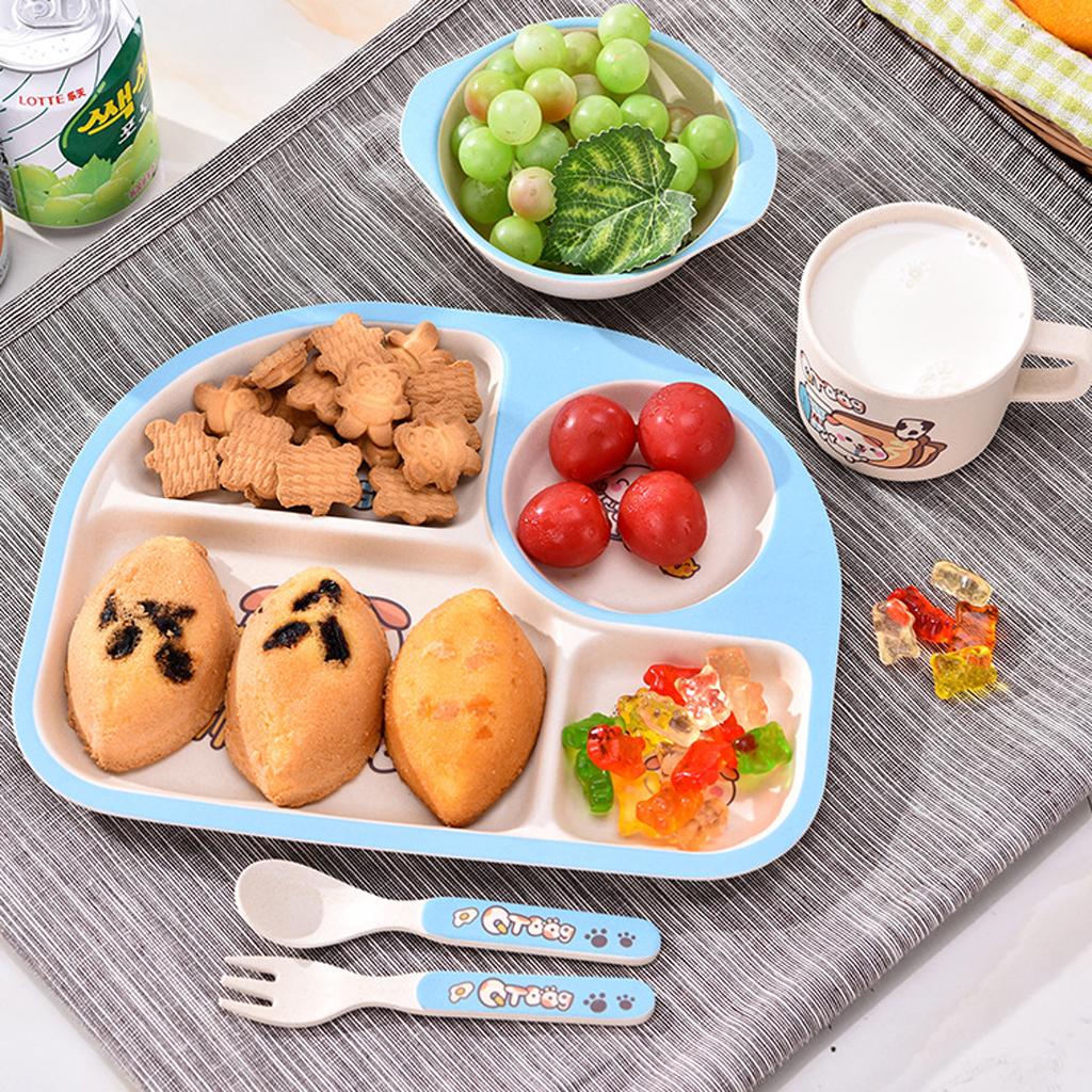 Bamboo 5-piece Dinnerware Set Baby Divided Plate, Bowl and Flatware Blue A