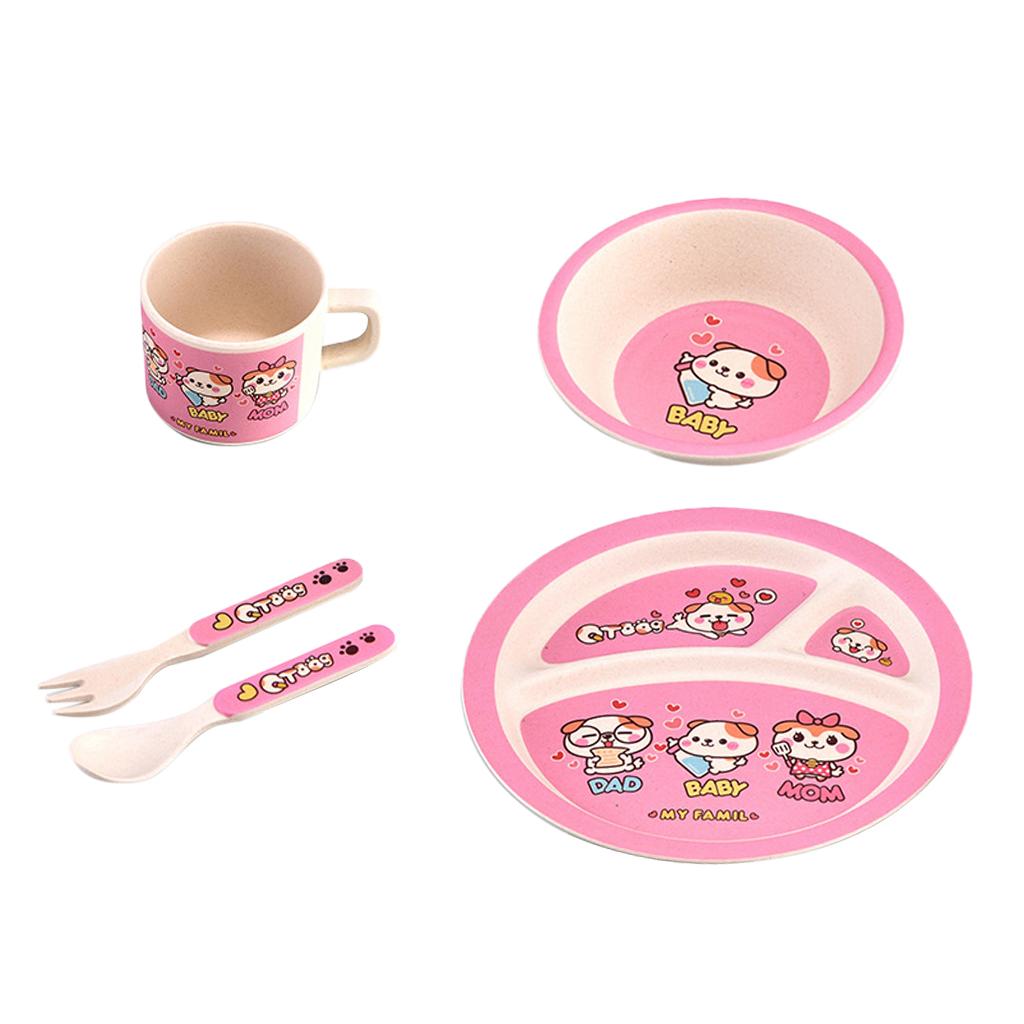 Bamboo 5-piece Dinnerware Set Baby Divided Plate, Bowl and Flatware Orange B