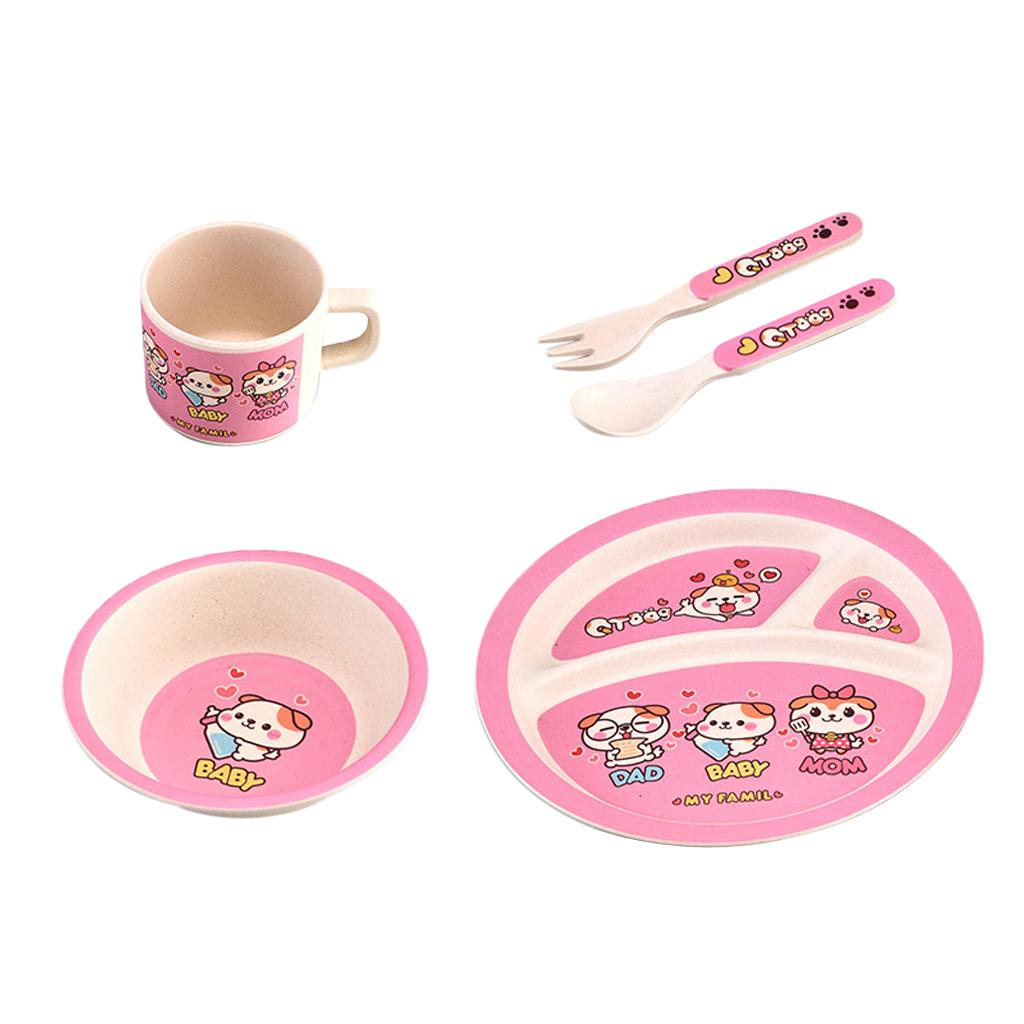 Bamboo 5-piece Dinnerware Set Baby Divided Plate, Bowl and Flatware Orange B