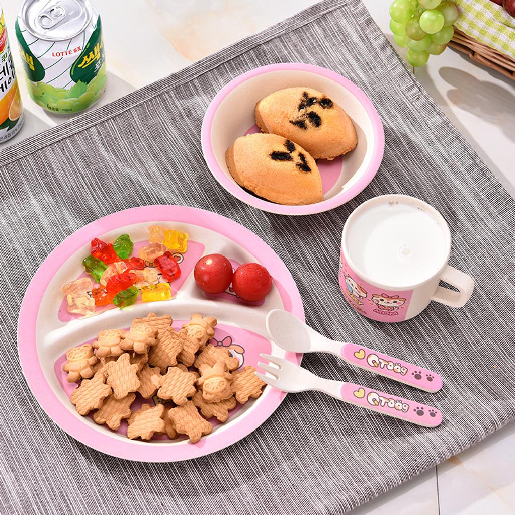 Bamboo 5-piece Dinnerware Set Baby Divided Plate, Bowl and Flatware Orange B