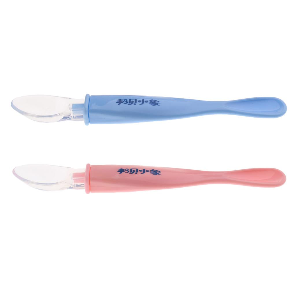 Baby Tableware Thermal Feeding Silicone Spoon Kids Weaning Handle Spoon Blue