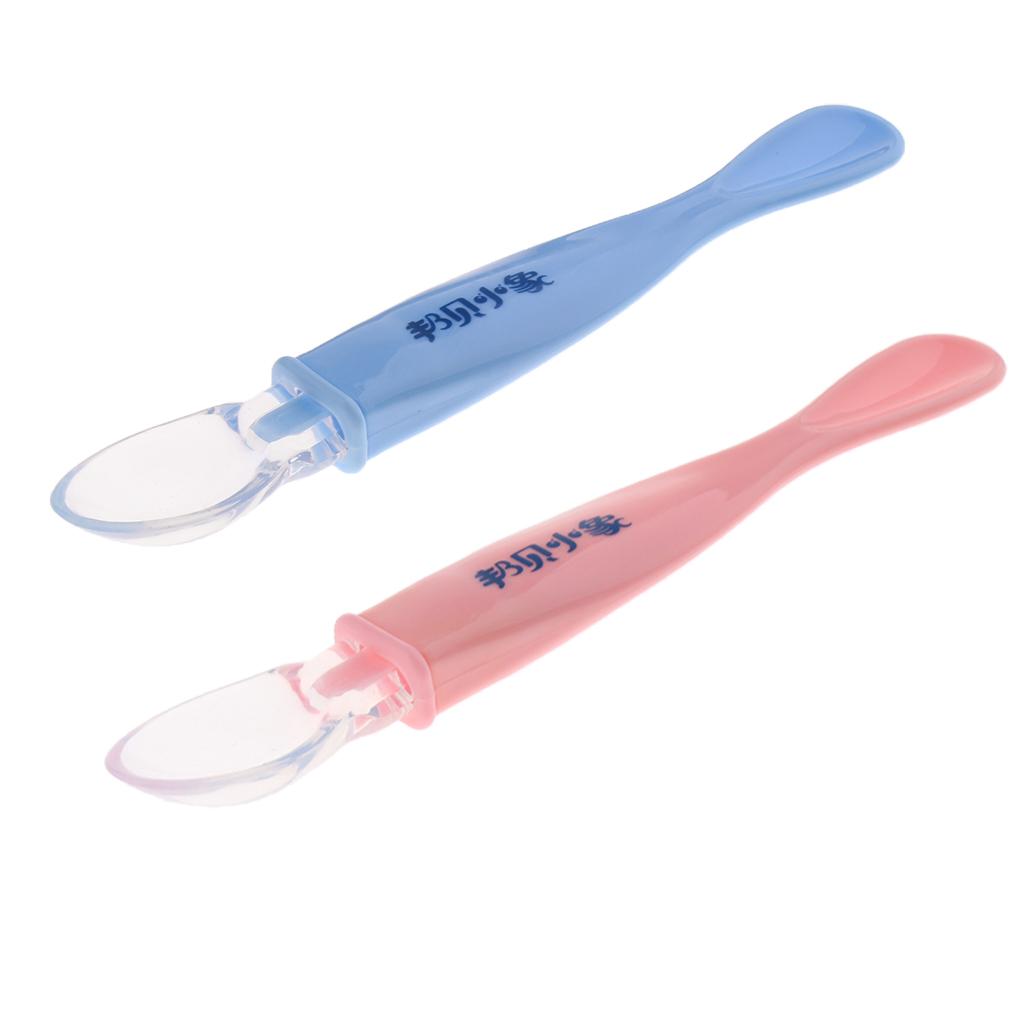 Baby Tableware Thermal Feeding Silicone Spoon Kids Weaning Handle Spoon Blue