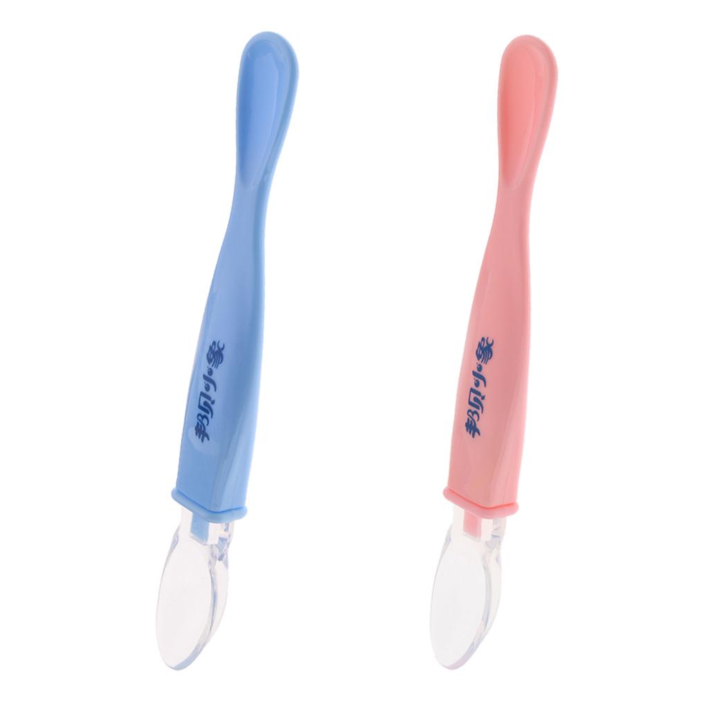 Baby Tableware Thermal Feeding Silicone Spoon Kids Weaning Handle Spoon Blue