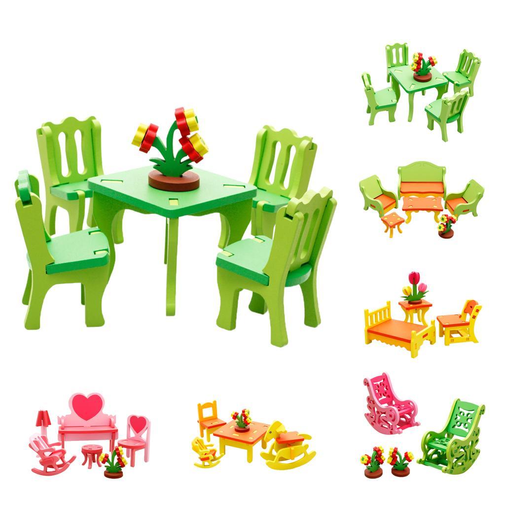 Wooden Assembly Puzzle Dollhouse Furniture Kids Toy Gift Living Room