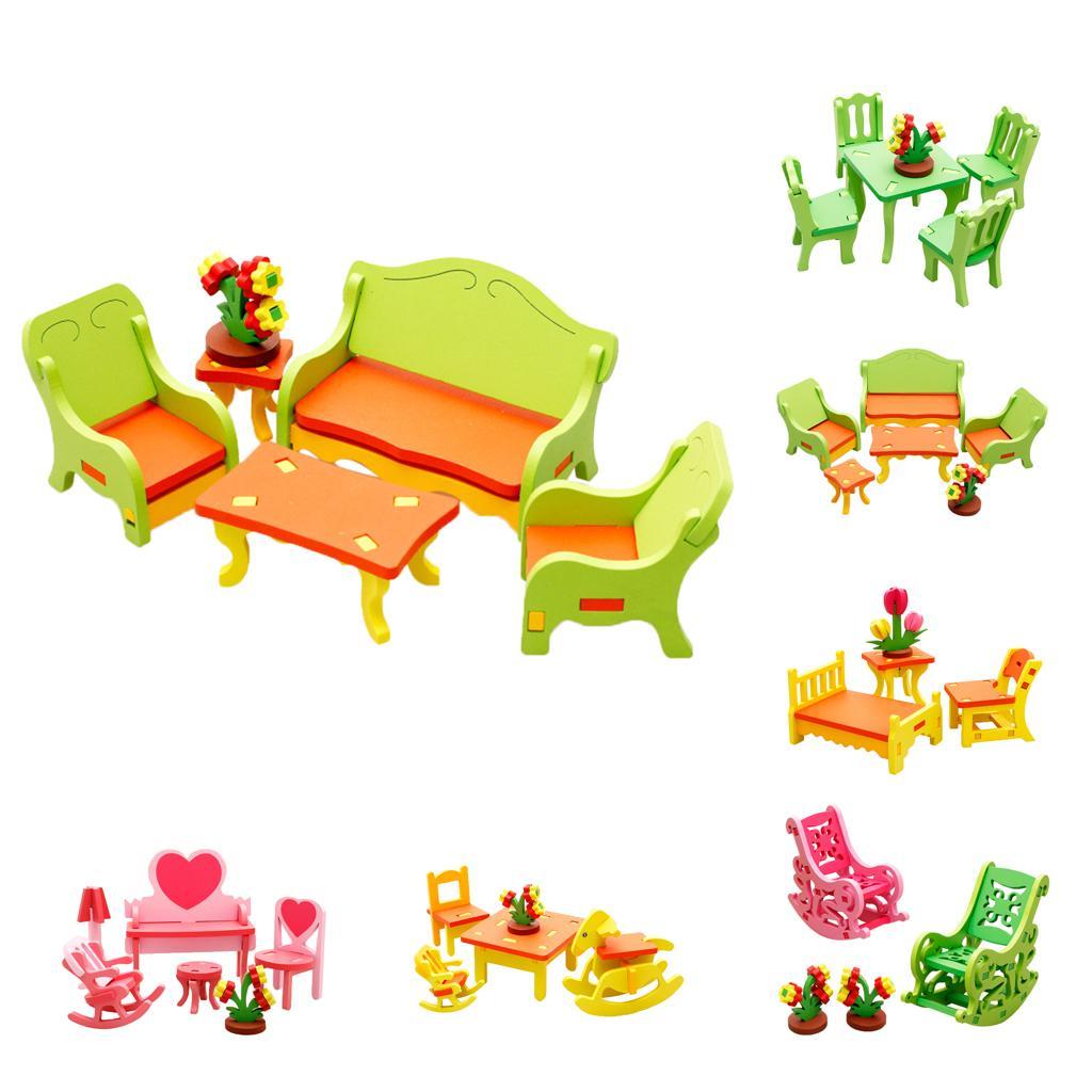 Wooden Assembly Puzzle Dollhouse Furniture Kids Toy Gift Living Room