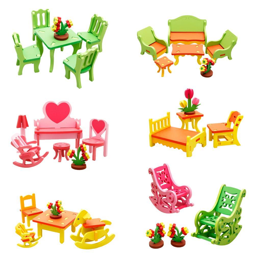 Wooden Assembly Puzzle Dollhouse Furniture Kids Toy Gift Living Room