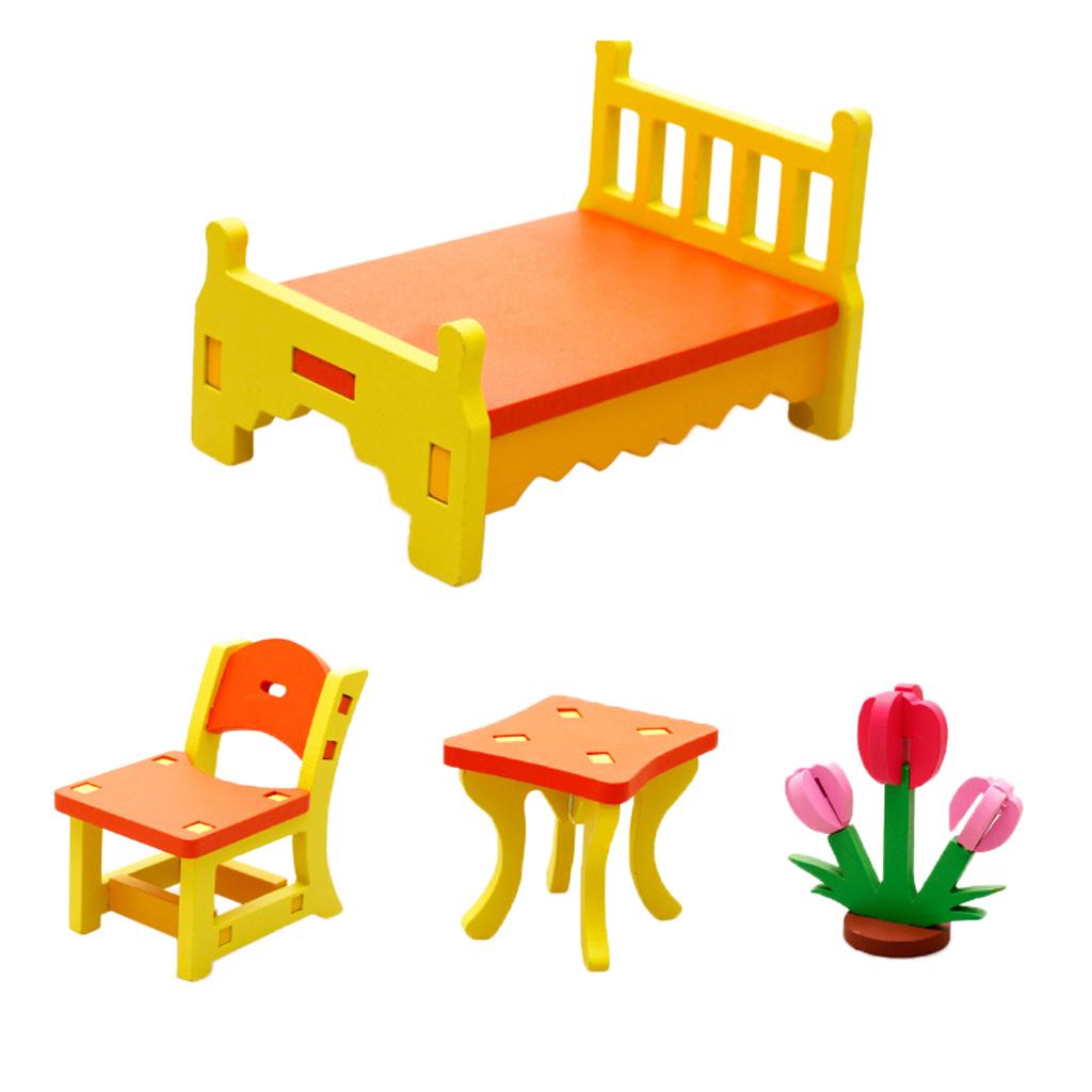 Wooden Assembly Puzzle Dollhouse Furniture Kids Toy Gift Bedroom