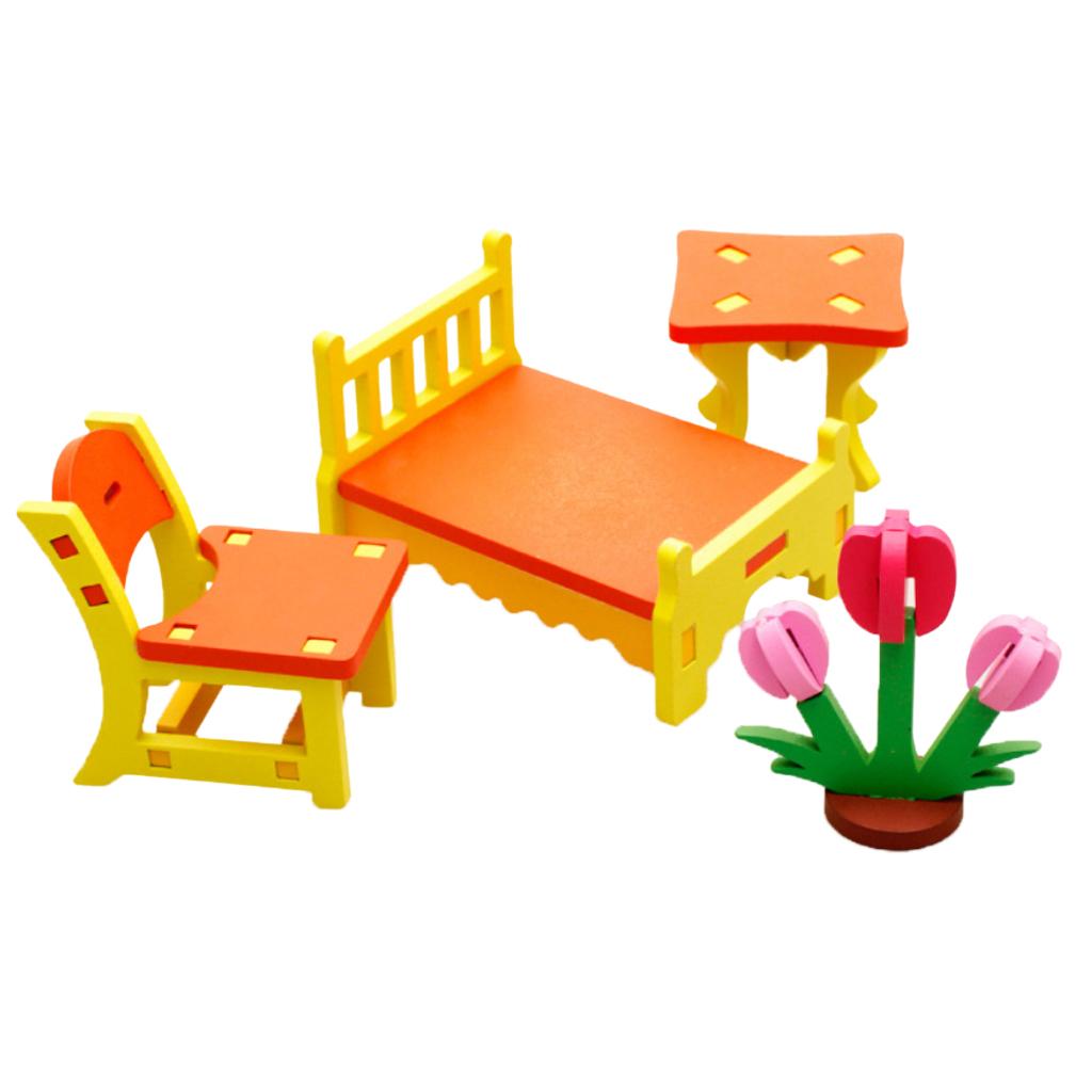 Wooden Assembly Puzzle Dollhouse Furniture Kids Toy Gift Bedroom