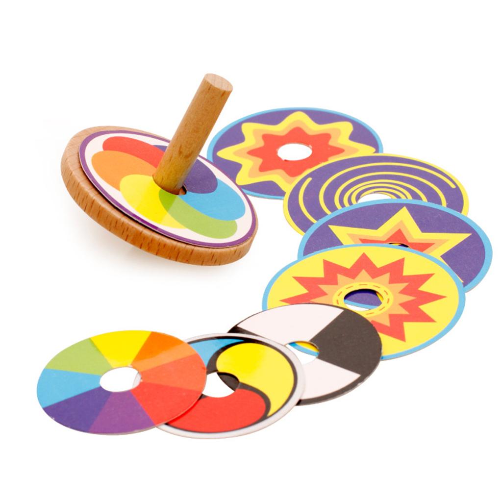 Wooden Funny Gyro Spinning Top Toy Spinning Top with 8 Drawing Cards