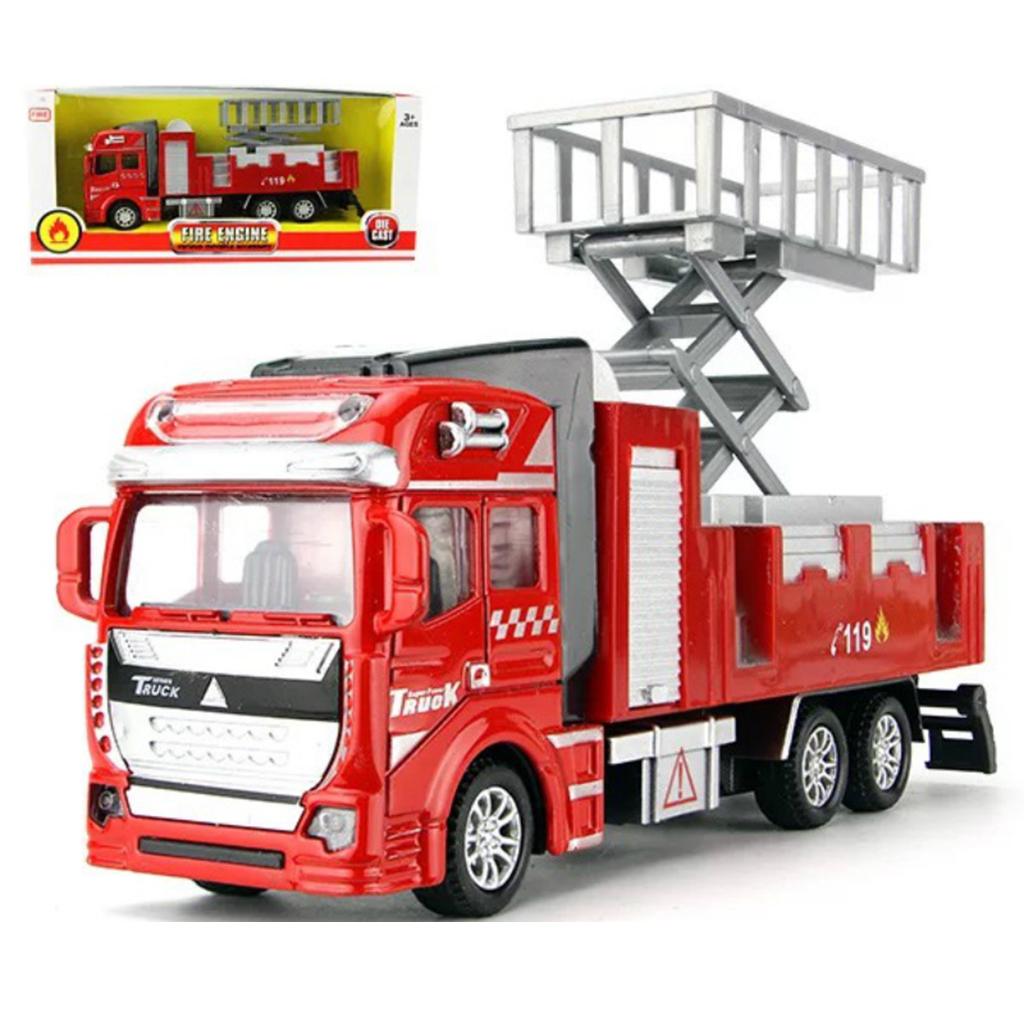 1:48 Simulation Alloy Pull Back Fire Truck Car Vehicles Toy Lift Truck