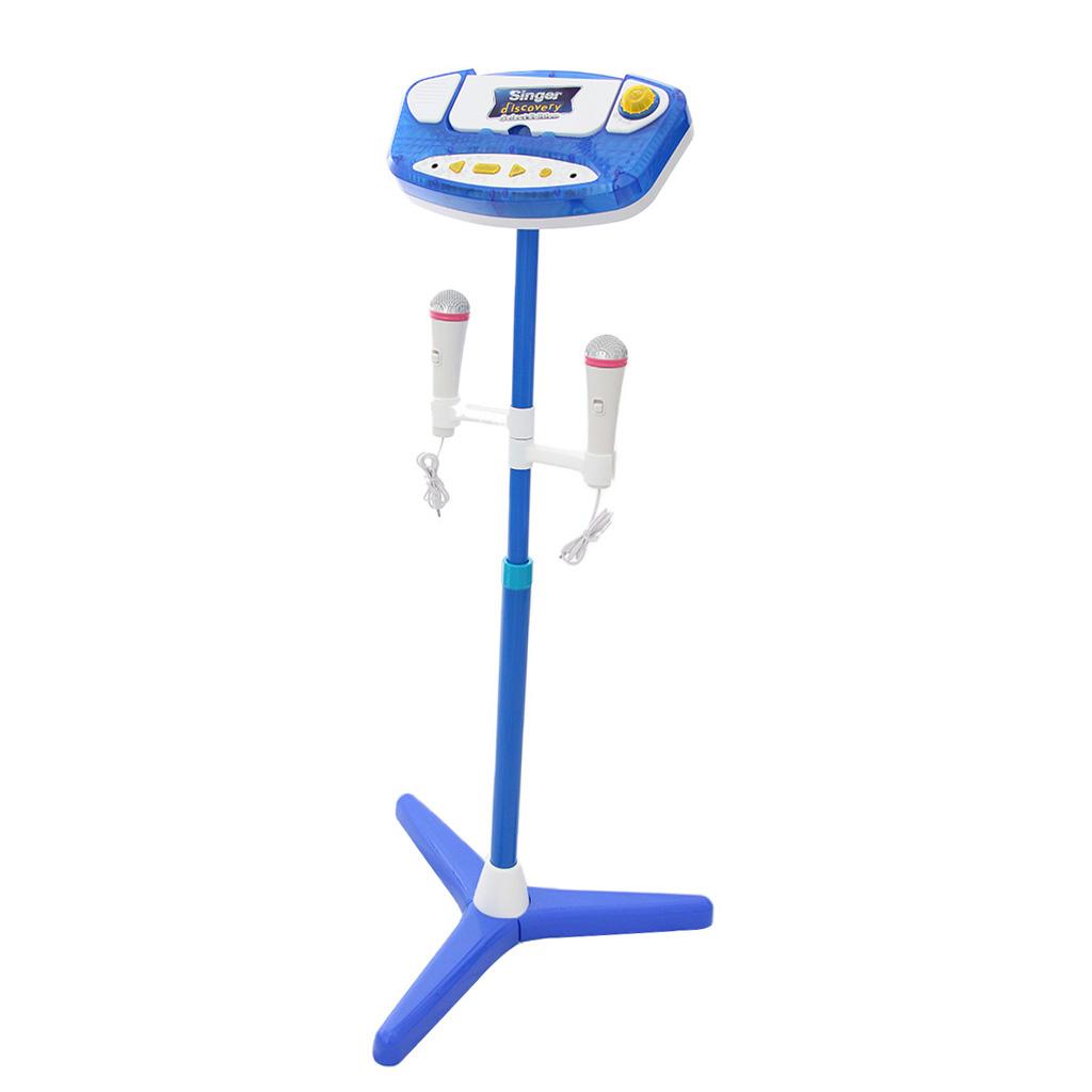 Music Play Toy Kids Karaoke Machine With 2 Microphones Adjustable Stand Blue